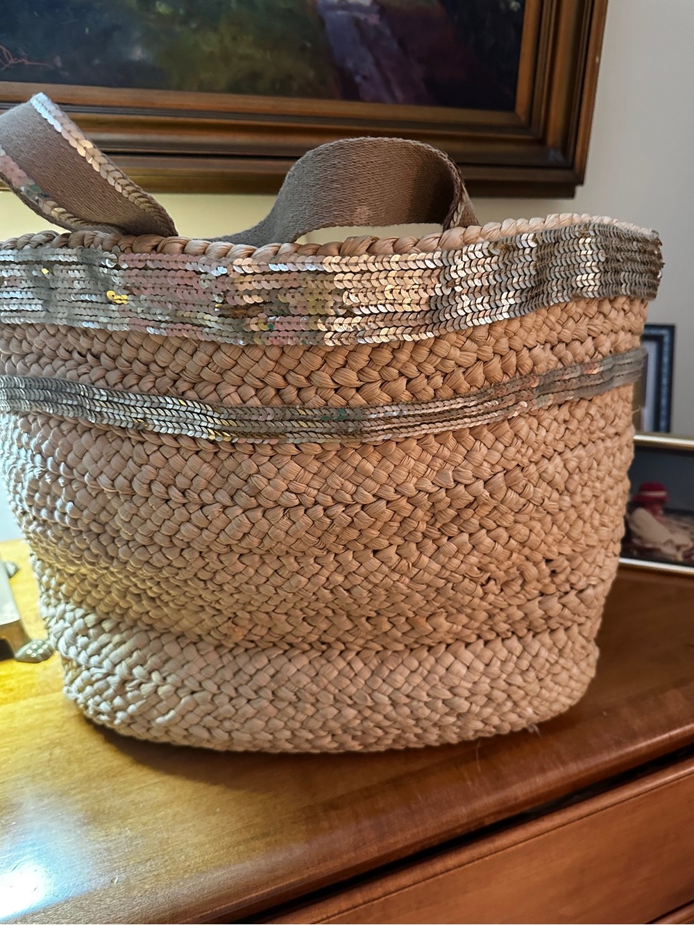 Woven Seagrass Tote Bag with Silver Sequin Trim - Natural Bath & Body Works